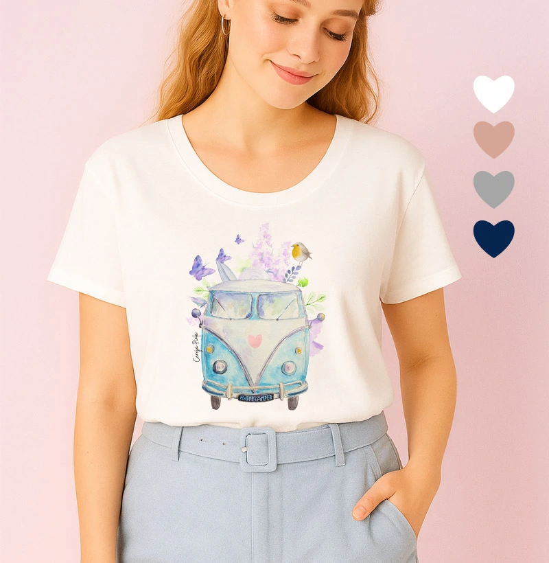 Camiseta Feminina Ilustrada Kombi Azul