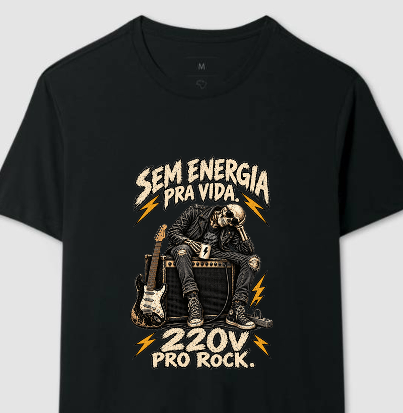 Camiseta Sem Energia Pra Vida 220V Pro Rock – Estampa Caveira Rocker e Guitarra - Camiseta
