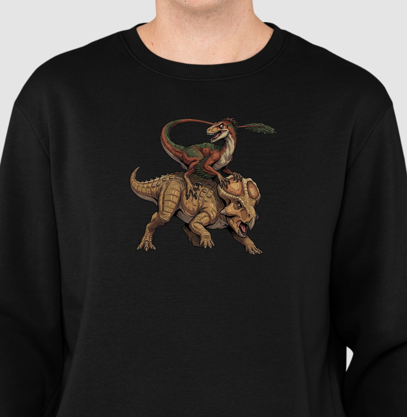 Blusa Dinossauro Suéter Velociraptor VS Protoceratops Algodão Premium Dinoloco