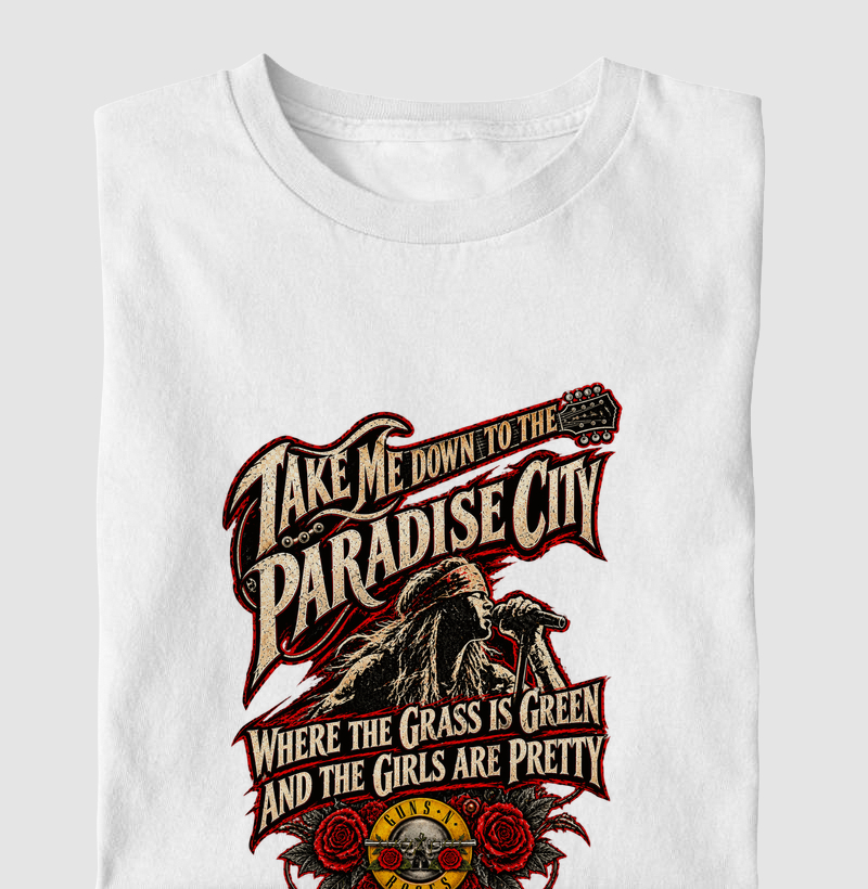Camiseta Rock Paradise City – Guitarra e Rosas | Iron Malte - Camiseta