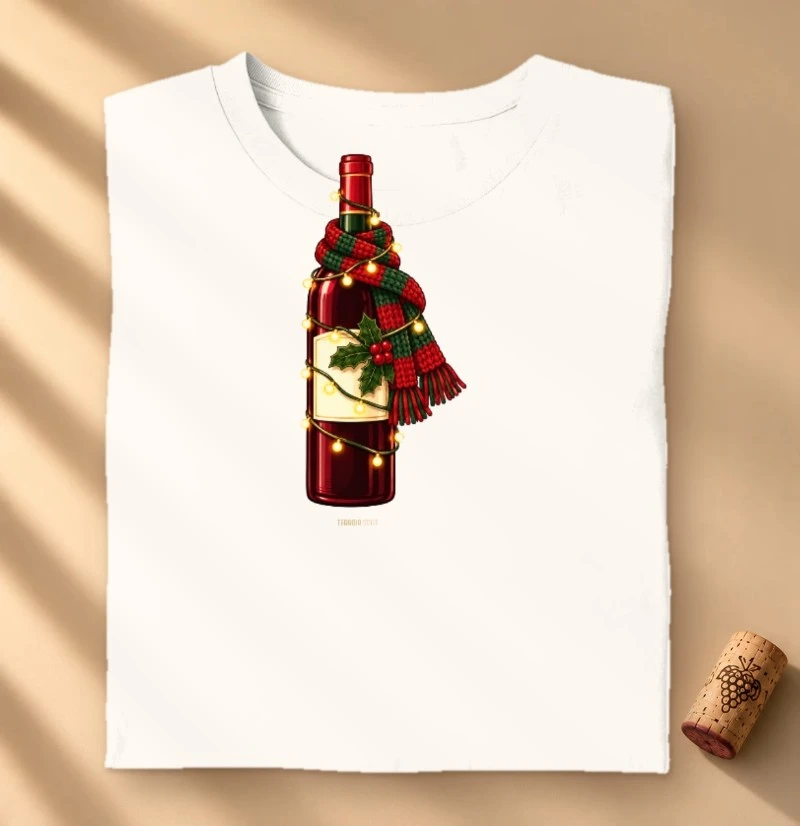 Camiseta Natal com Vinho – Garrafa de Cachecol e Pisca-Pisca