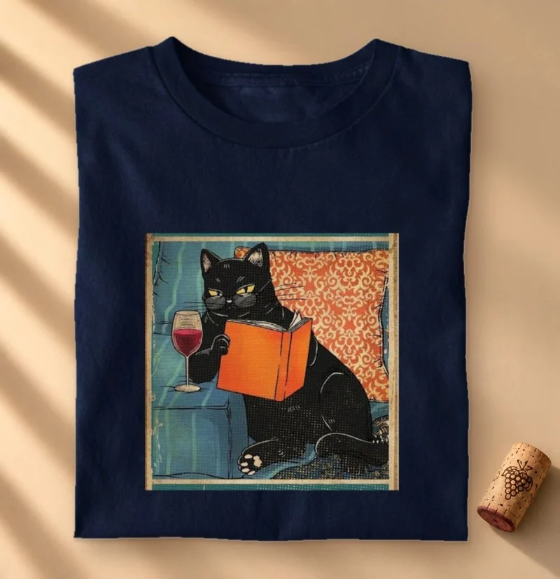 Camiseta Gatos, Vinhos e Livros