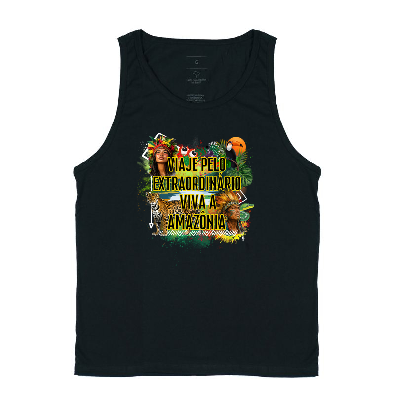 Camiseta Viaje pelo Extraordinario Viva a Amazonia | Onca Tucano Indigena | Colecao Viciados em Viagem