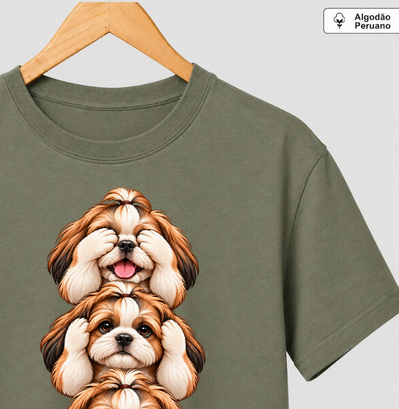 Ver, ouvir e falar versão Shih Tzu - Camiseta Algodão Peruano