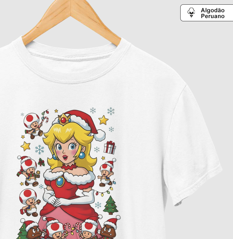 Princesa Peach - Feliz Natal - Camiseta Algodão Peruano