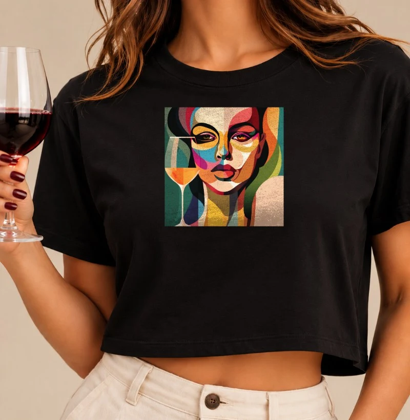 Camiseta Arte e Vinho: Retrato Multicolorido - Cropped