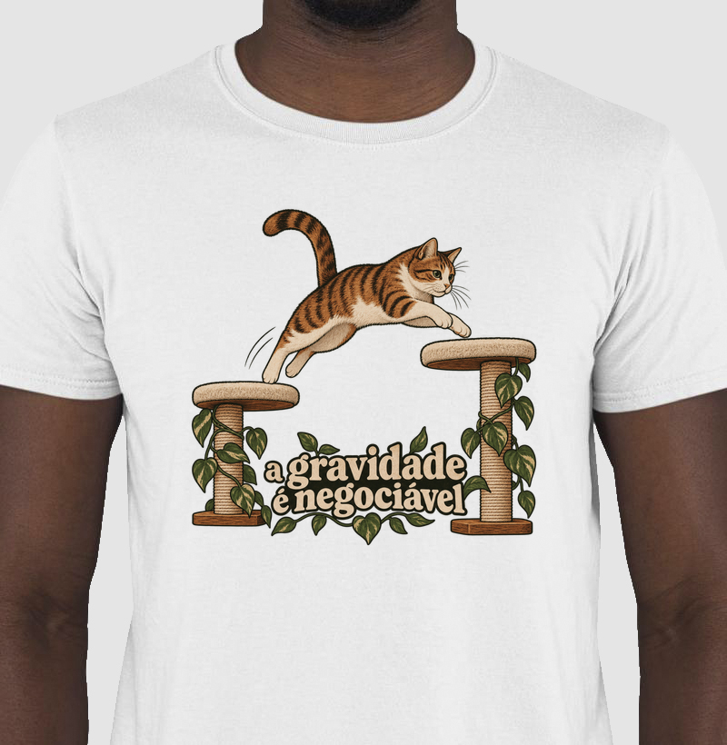 Camiseta Gato Salto "a gravidade é negociável" | Pelo & Pano