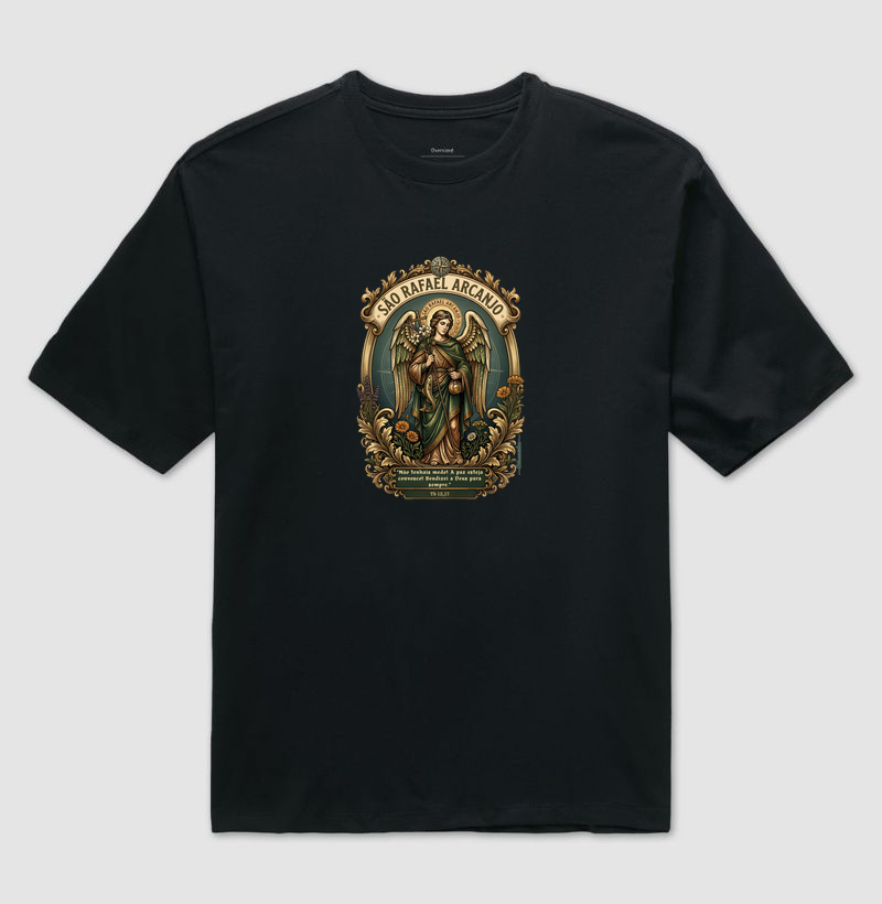 São Rafael Arcanjo – Medicina de Deus e Guia dos Viajantes | Arte Sacra com Simbologia Botânica - Camiseta Oversized