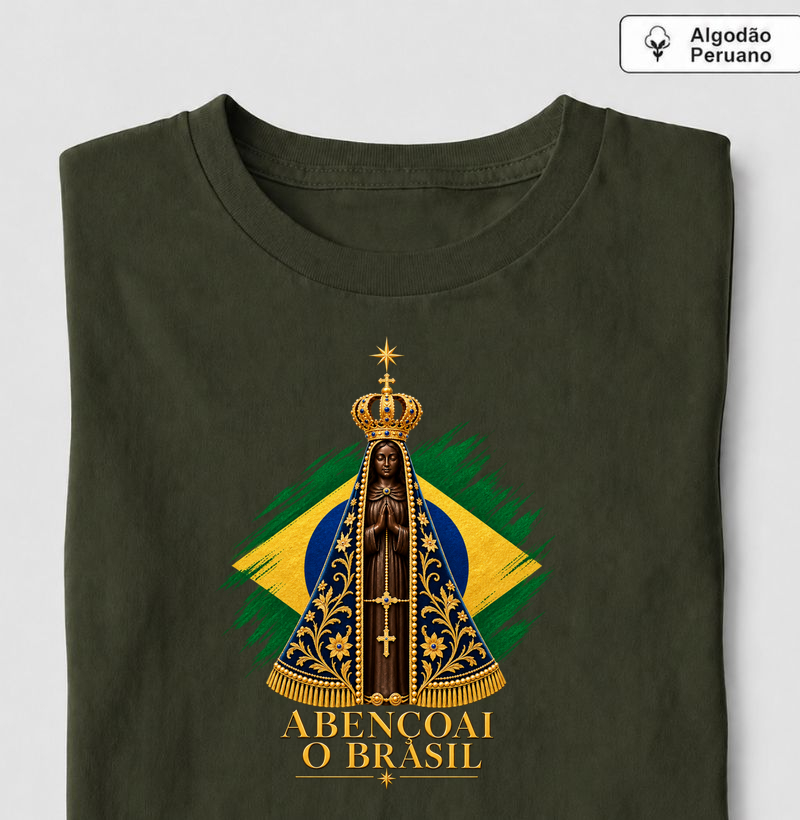 Abençoai o Brasil - Nossa Senhora Aparecida (Algodão Premium) - Camiseta Algodão Peruano