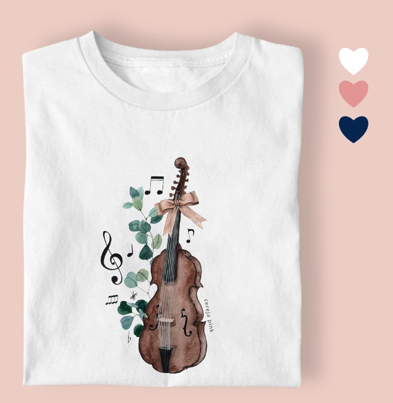 Camiseta Feminina Ilustrada Som Contrabaixo/Violoncelo