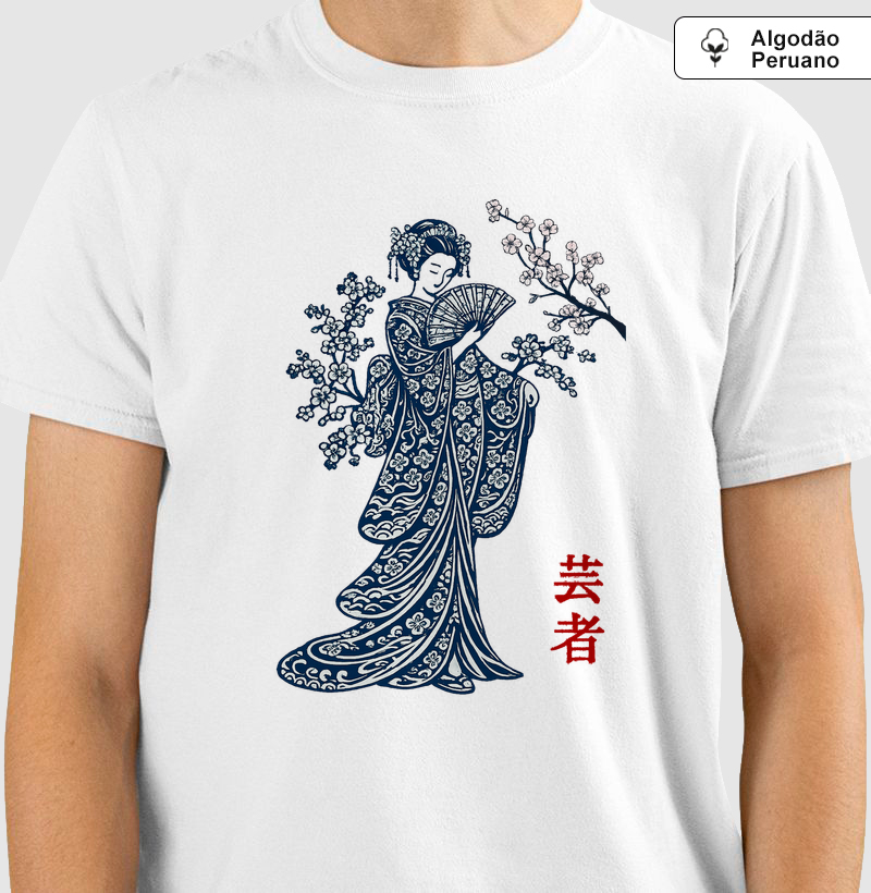 Camiseta Gueixa Japonesa | Arte Oriental | Sakura | Algodão Peruano