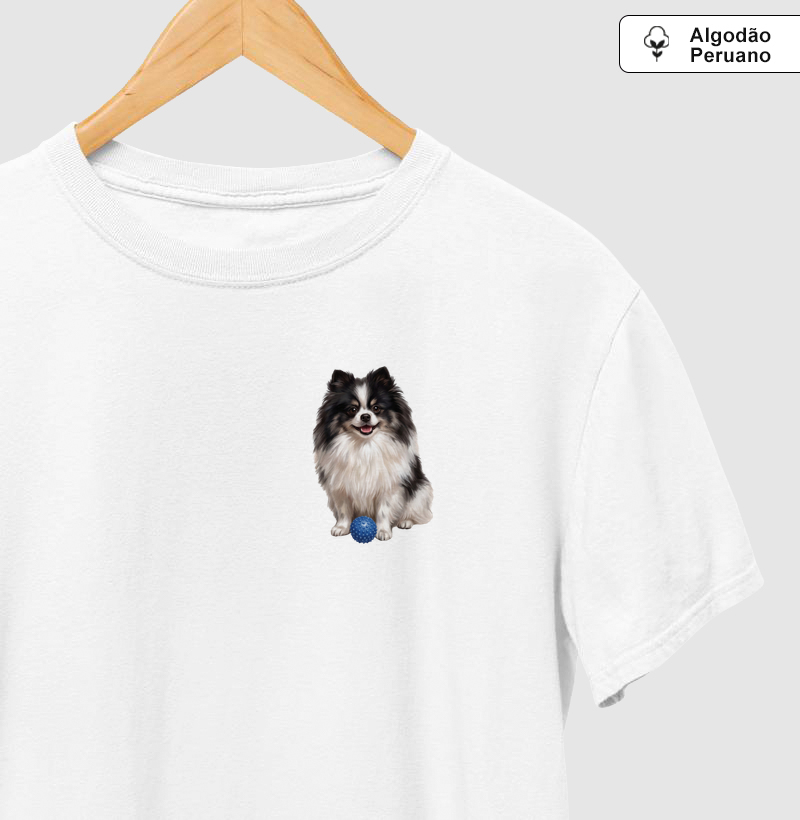 Pomerânia Preta e Branca (Spitz Alemão) - Camiseta Algodão Peruano