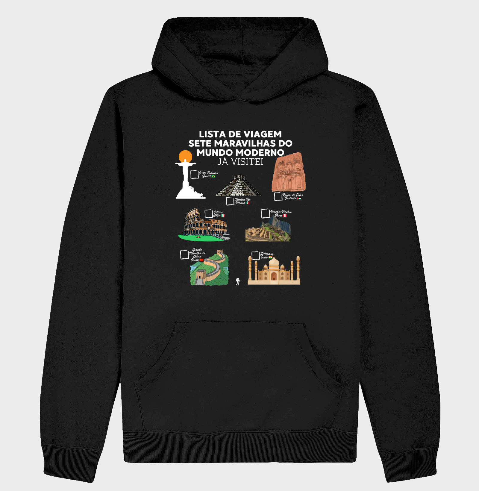 Camiseta Lista de Viagem Sete Maravilhas do Mundo Moderno | Marque as que Ja Visitou | Colecao Personalizaveis - Hoodie Moletom