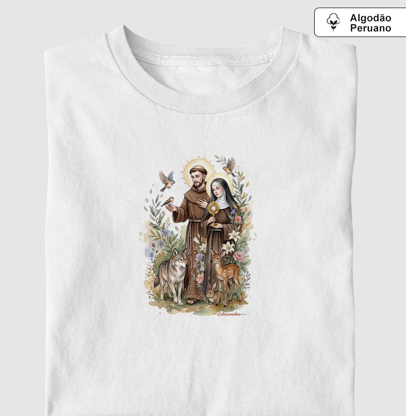 São Francisco e Santa Clara de Assis - Natureza e Devoção - Camiseta Algodão Peruano
