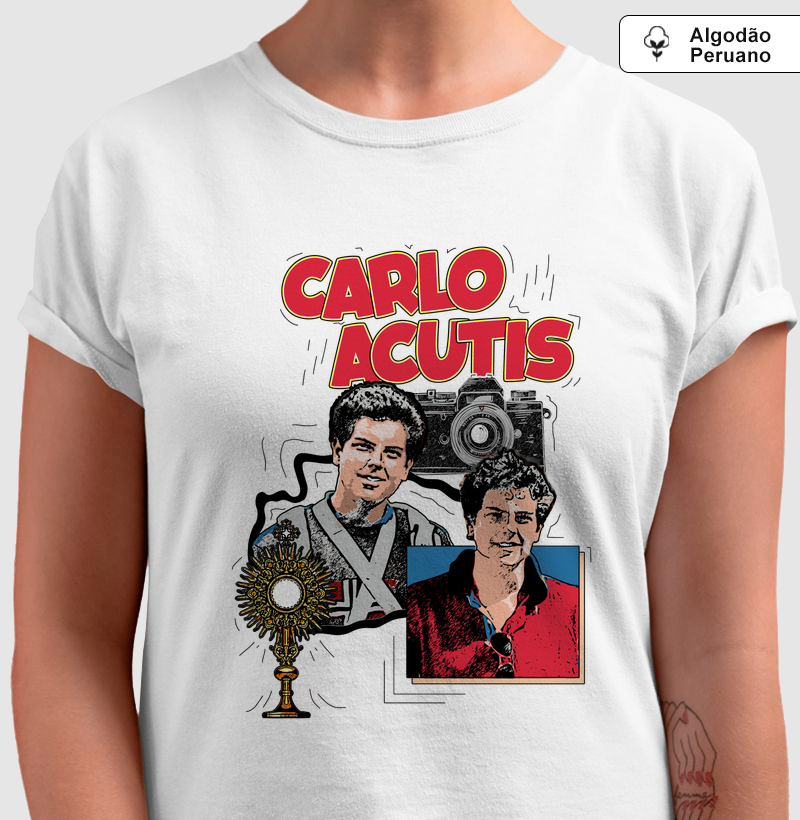 Carlo Acutis e a Eucaristia - Algodão Peruano - Camiseta Algodão Peruano