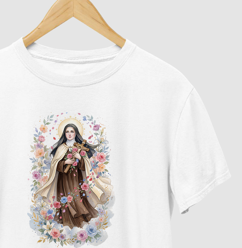 Santa Teresinha do Menino Jesus - Chuva de Rosas - Aquarela - Camiseta