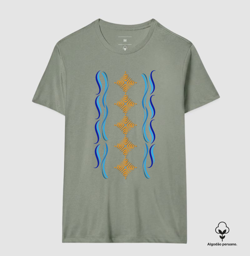 T-shirt Indígena- Grafismo Tsamata Piruara – A Escama que Guarda o Movimento do Rio