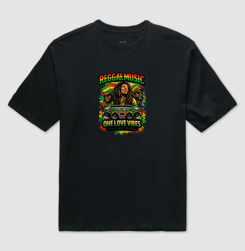 Camiseta Oversized One Love Vibes.  Coleção Reggae Music. Unissex. Algodão Premium.