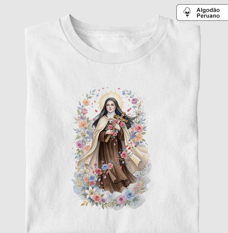 Santa Teresinha do Menino Jesus - Chuva de Rosas - Aquarela - Camiseta Algodão Peruano