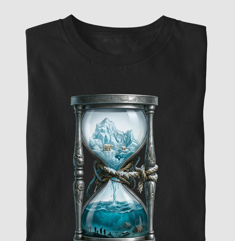 Camiseta Clássica Masculino e Feminina AROUA Studio (IA) — Ampulheta do Degelo (Asfixia Azul, Blue on White, Crise Climática, Algodão Penteado 160g)