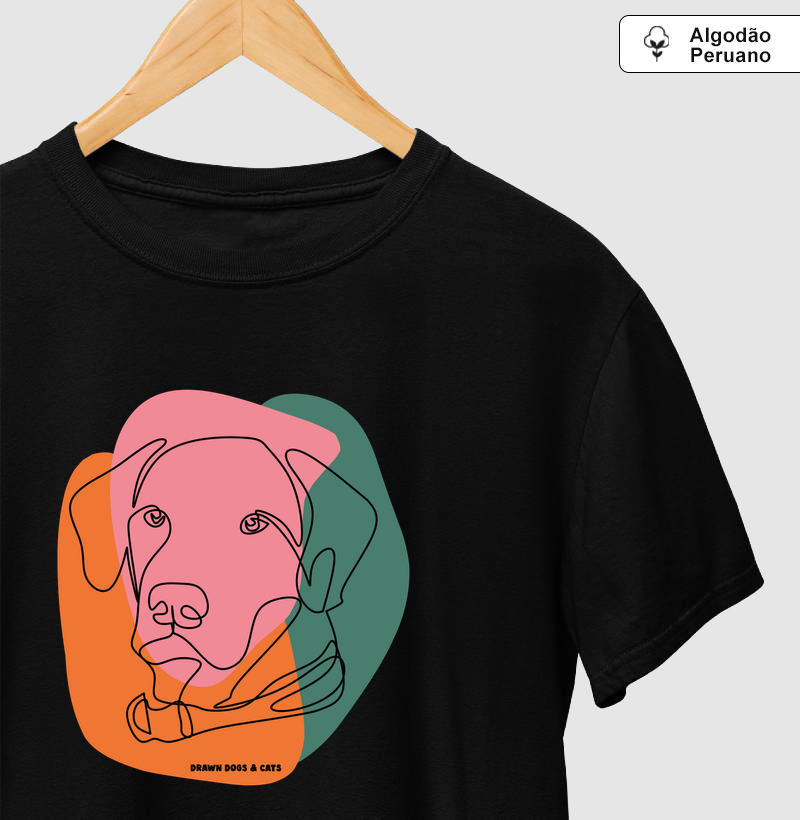 Cachorro de linhas e fundo rosa, verde e laranja - Camiseta Algodão Peruano