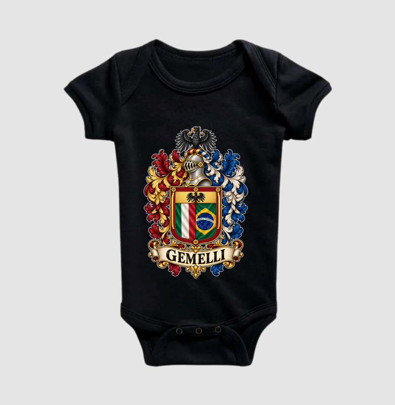  Brasão Família GEMELLI – Herança Italiana e Brasileira 🇮🇹🇧🇷 - Body Infantil
