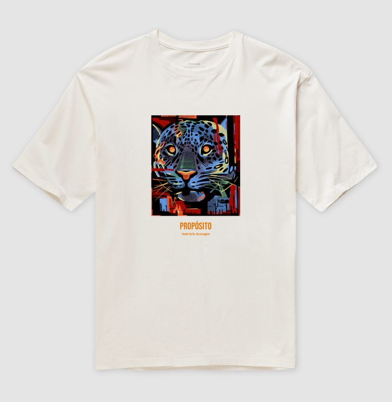 Camiseta Oversized Feminina Off White Propósito Estampa de Onça