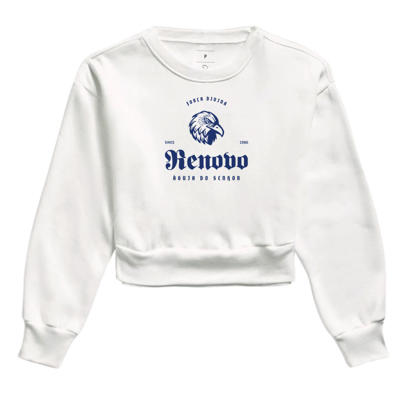 Cropped Moletom Feminina Renovo com Estampa de Águia e Mensagem Religiosa