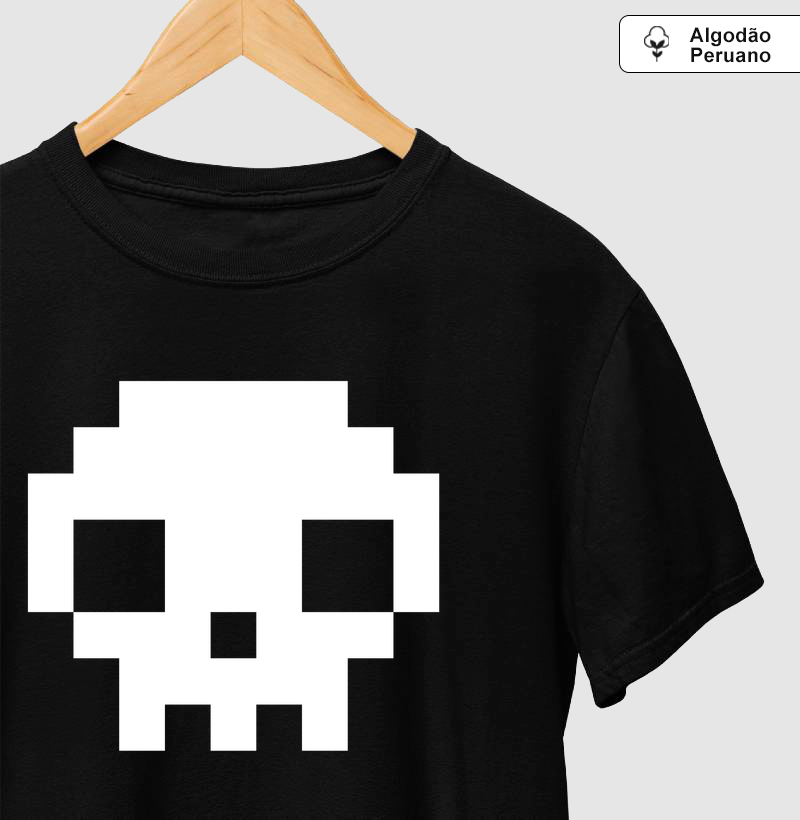 Camiseta Algodão Peruano Pixel Caveira