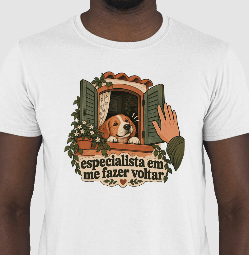 Camiseta Cachorro "especialista em me fazer voltar" | Pelo & Pano