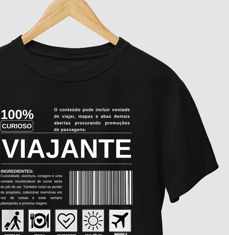 Camiseta Viajante 100% Curioso | Estampa Viagem | Excursionista