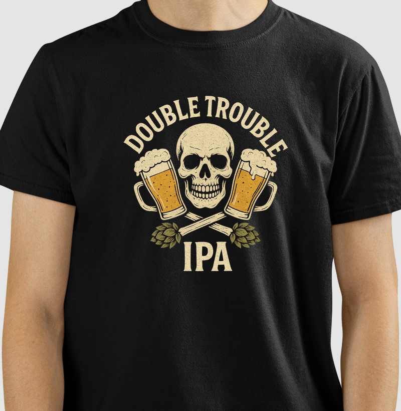 Camiseta Double Trouble IPA – Caveira, Lúpulo e Chope