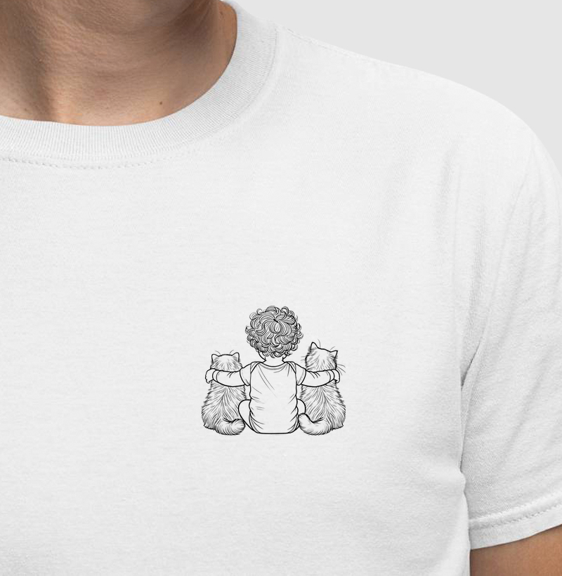 Abraço - menino criança cacheado e dois gatos (minimalista)