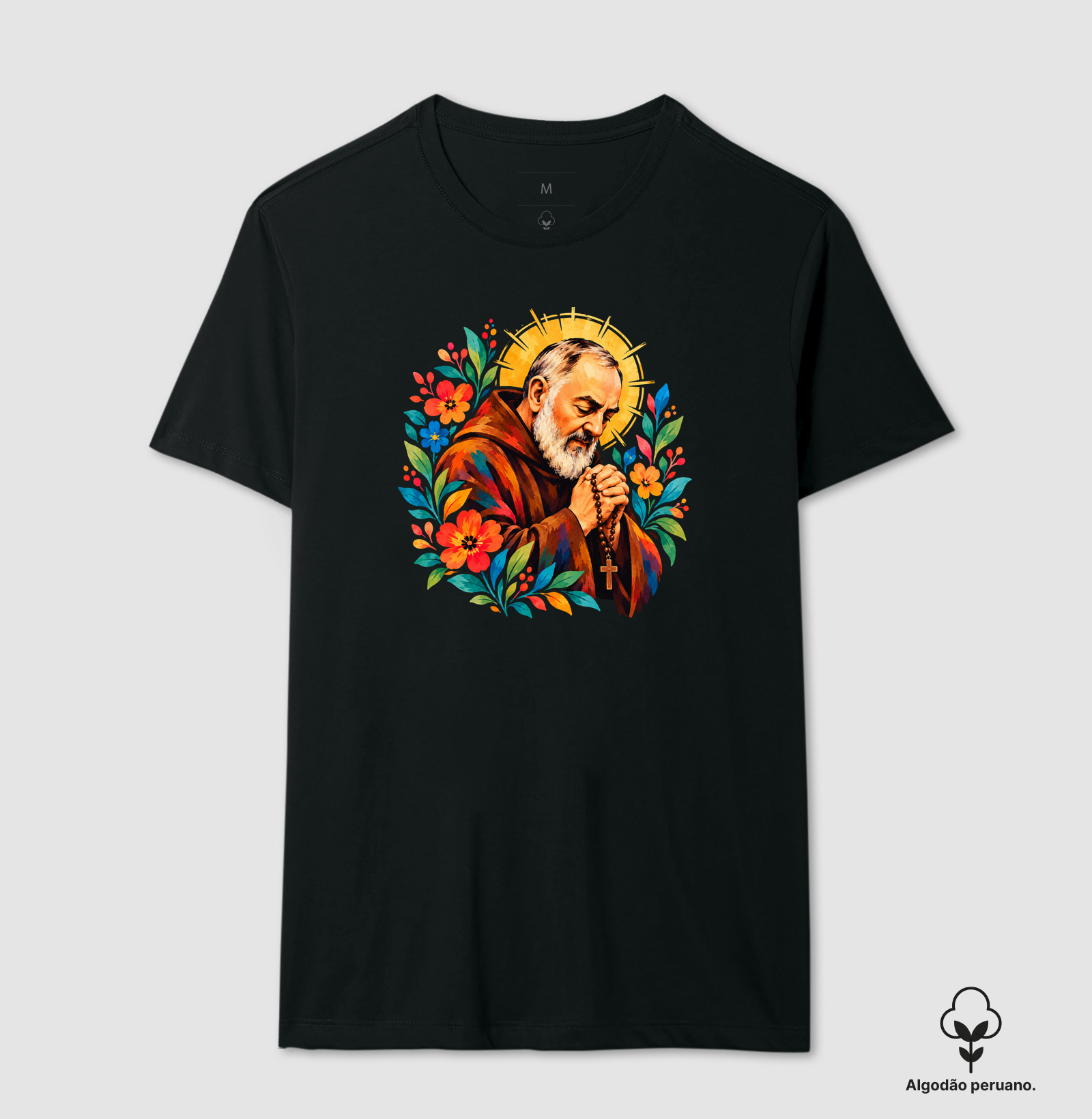Padre Pio em cores - Camiseta Algodão Peruano