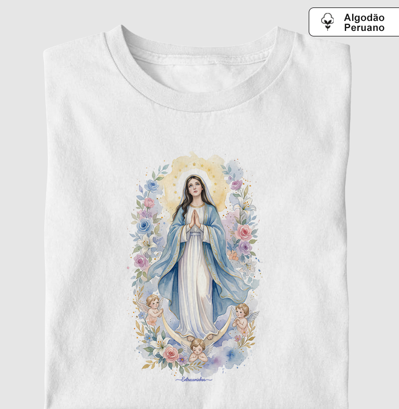 Imaculada Conceição - Aquarela - Camiseta Algodão Peruano