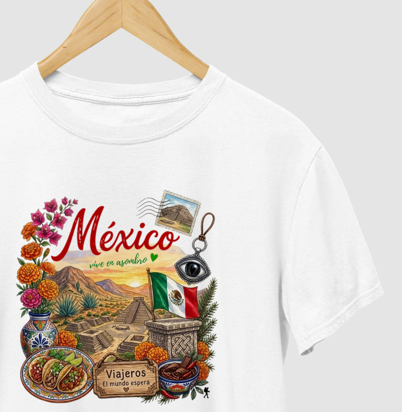 Camiseta Mexico Vive en Asombro | Piramides Tacos Aquarela | Colecao Fashion Travel