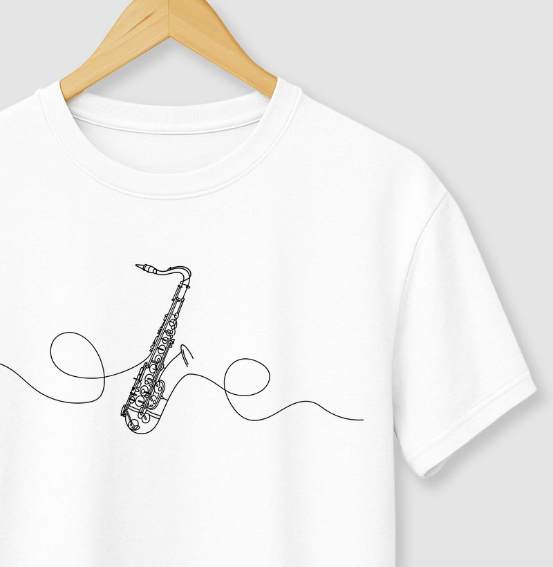 Camiseta Minimalista Saxofone Tenor Linha Contínua