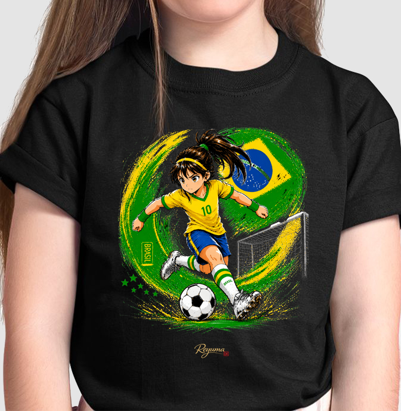 Camiseta Infantil, Menina, Juvenil Futebol "Futebol Brasil Anime" - Algodão 100% 