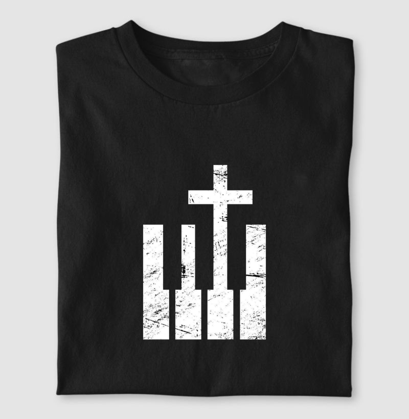Camiseta tecla piano e cruz