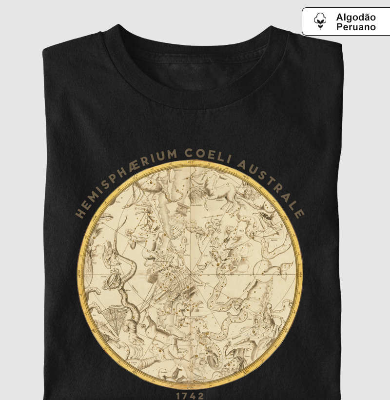 Camiseta Algodão Peruano Hemisphaerium Coeli Australe: Mapa Celeste de 1742