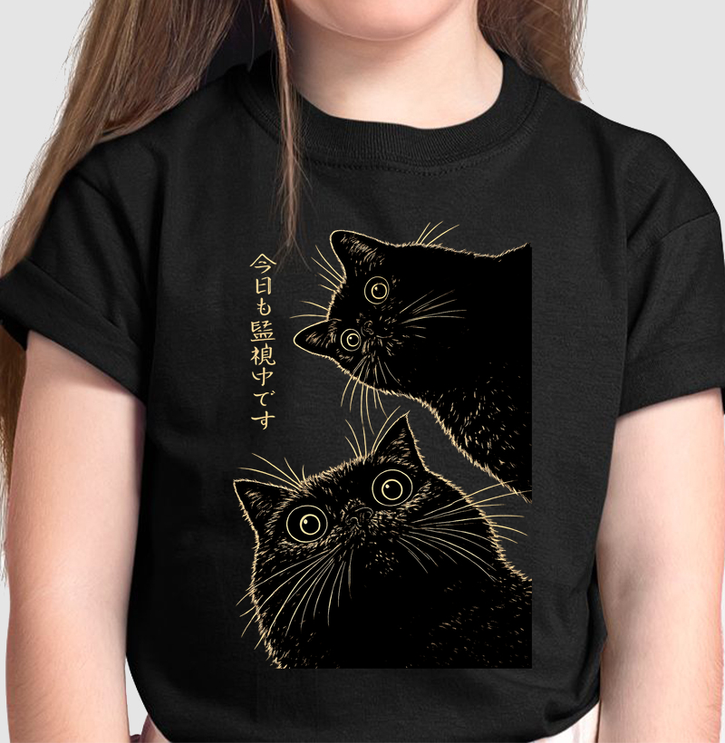 Camiseta Infantil Dois Gatos Pretos Japones