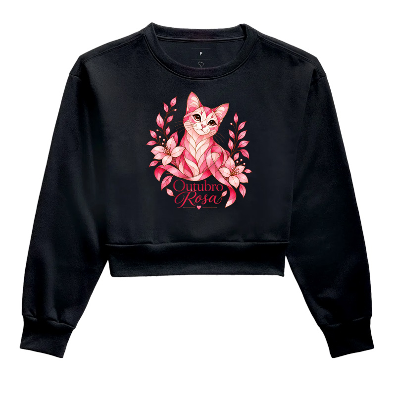 Outubro Rosa & Gato - Cropped Moletom