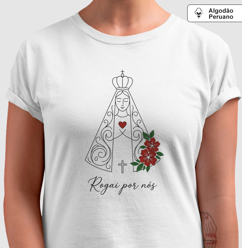 Camiseta Algodão Peruano Nossa Senhora Aparecida Rosas