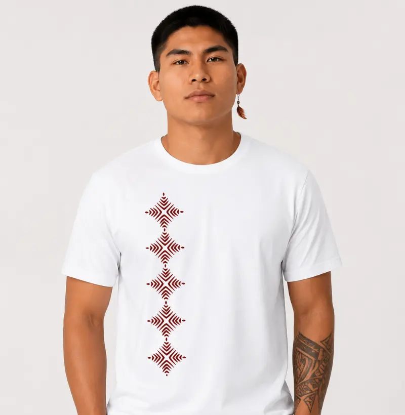 T-shirt Indígena- Grafismo Tsamata Piruara – A Escama que Guarda o Movimento do Rio