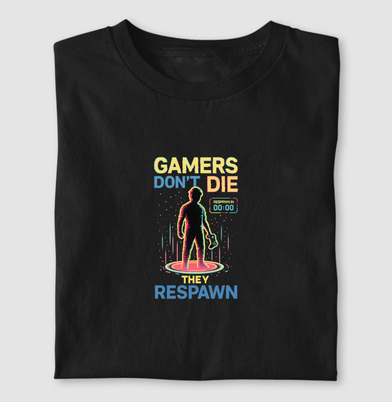 Camiseta Gamer “Gamers Don’t Die – They Respawn” | Pixel Art Glitch Estética Neon | ManaMoney