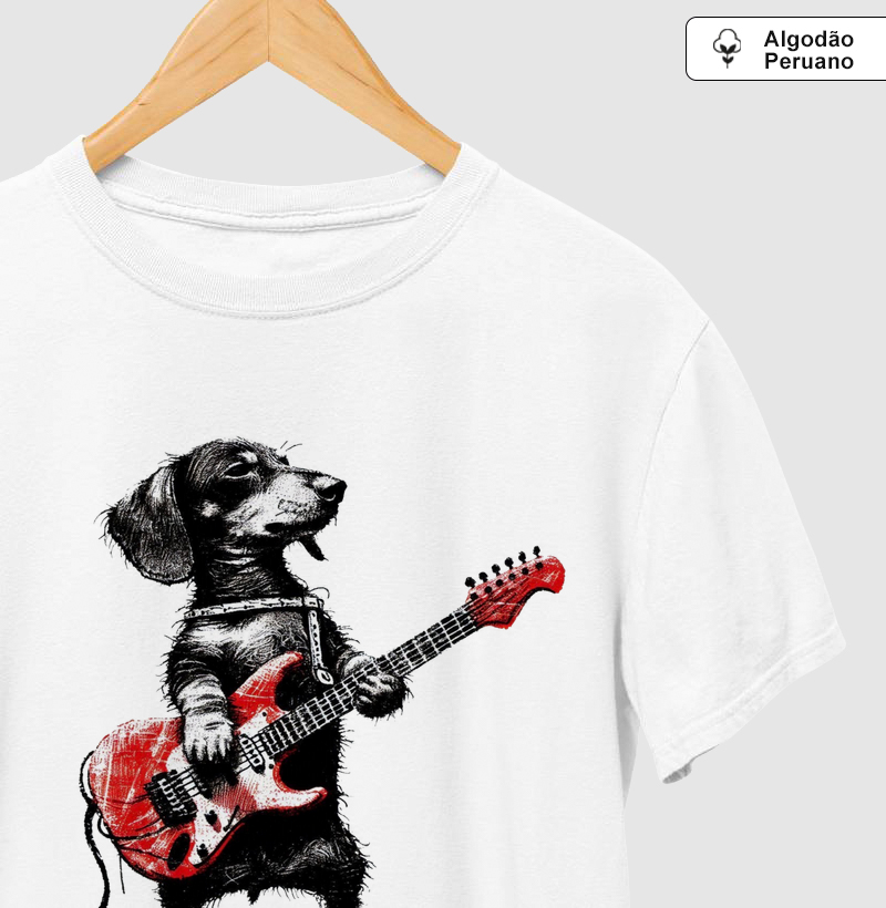 Dachshund tocando guitarra vermelha 
