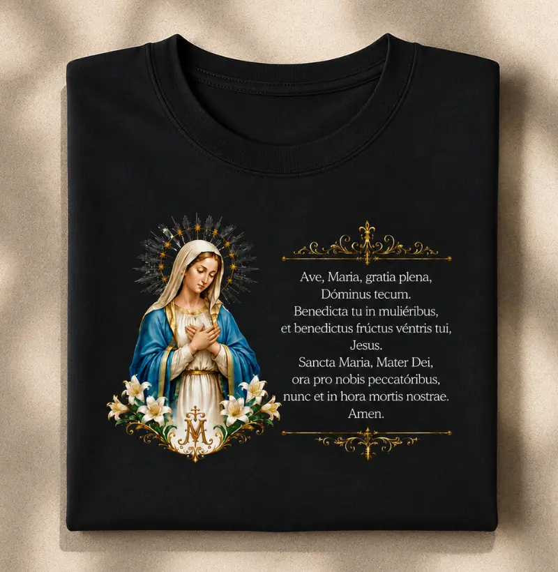Camiseta Algodão Peruano Imagem da Oração Ave Maria em Latim