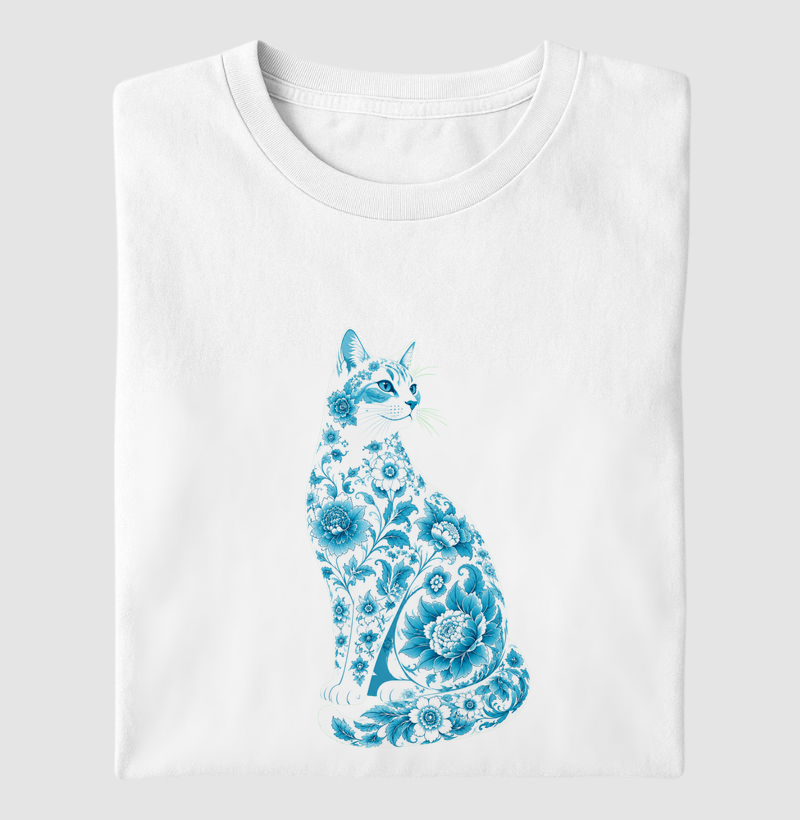 Gato Floral Azul - Camiseta