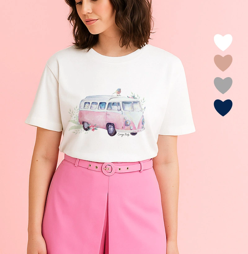 Camiseta Feminina Ilustrada Kombi Lateral Rosa