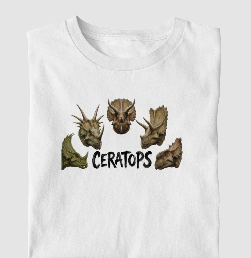 Camiseta Dinossauro Ceratops Branca Algodão Premium Dinoloco